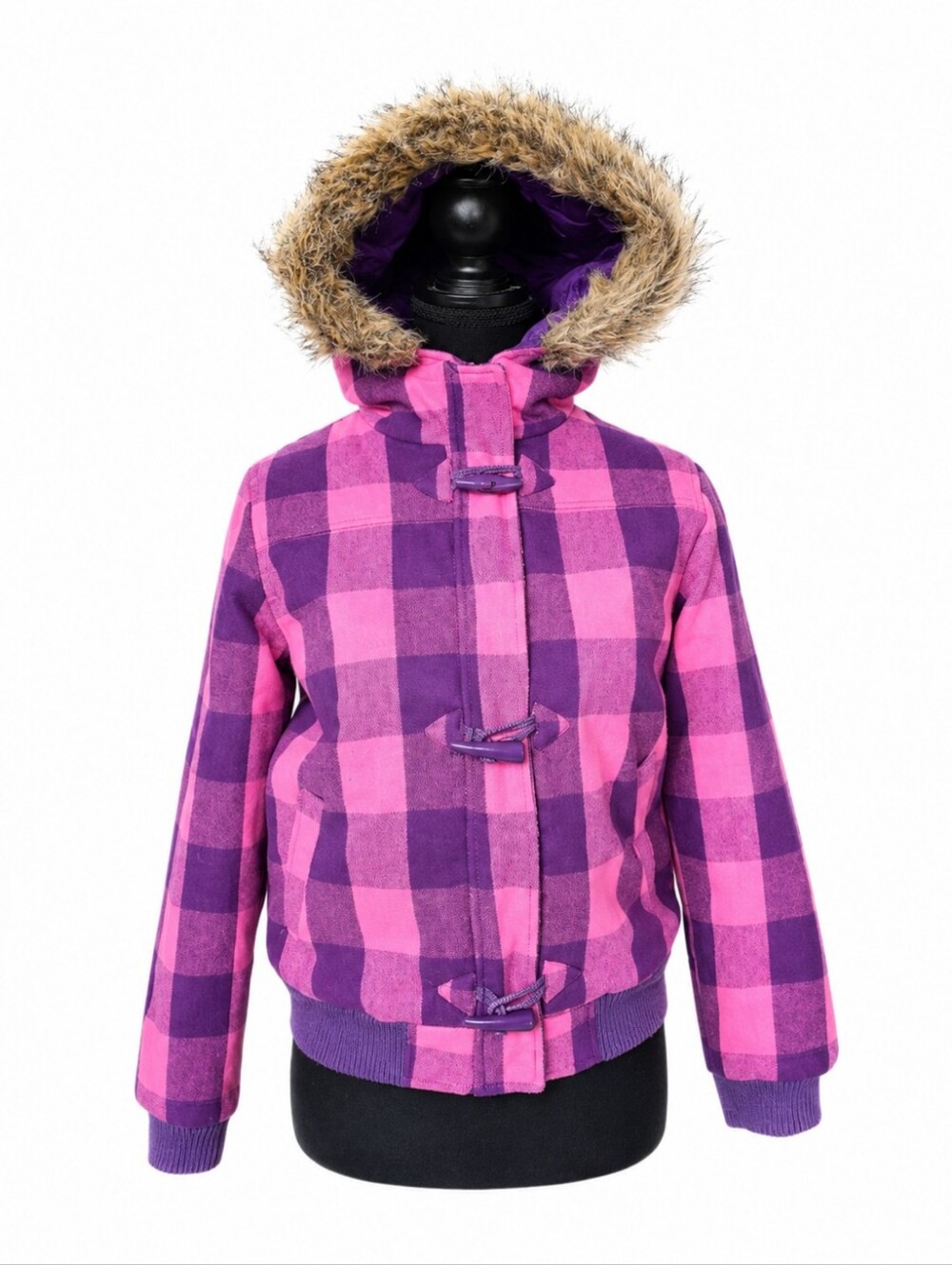 Girls Pink/Purple Plaid Fur Lined Hooded Winter Jacket, Size L